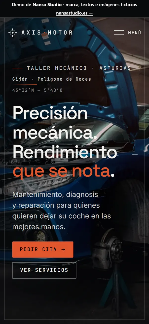 La demo AXIS MOTOR vista en un móvil, con el botón de pedir cita en la portada