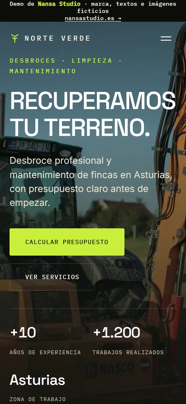 La demo NORTE VERDE vista en un móvil, con el botón de calcular presupuesto